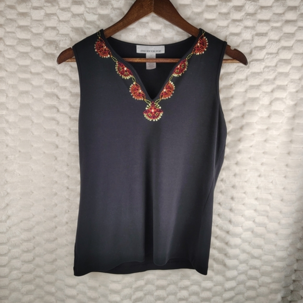 Jones New York Black Tank with Red and Gold Embroidery With Sequins Size M